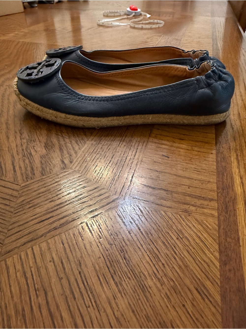Tory Burch Navy Leather Logo Espadrille Ballet Flats - Picture 2 of 5